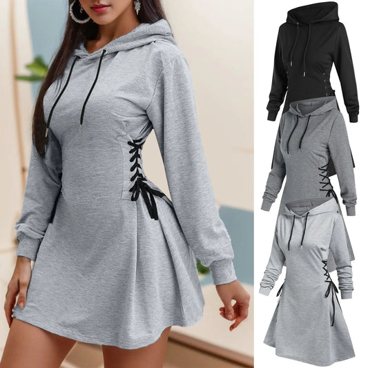 Women Tie Waist Mini Dress Hoodies